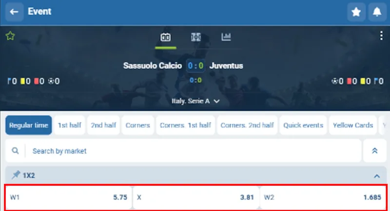1xBet Football (Soccer) match and 3-way moneyline Screenshot